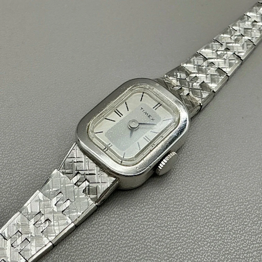 Vintage Timex Watch Womens Manual Wind Silver Tone Rectangle Bracelet Working